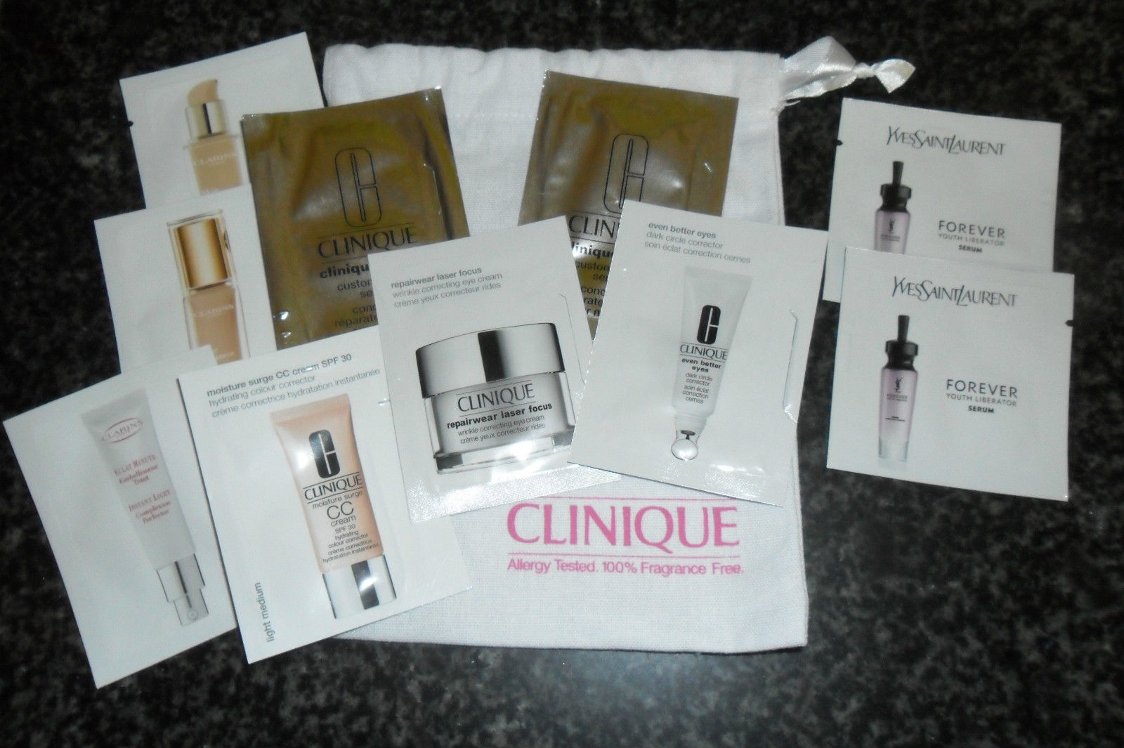 Clarins-Clinique-Eyes-YSL-Youth-Serum-Foundation-Skincare-samples